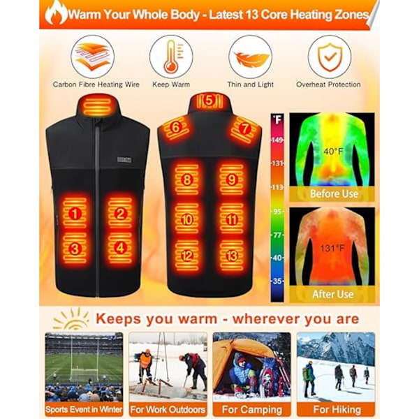 Fleece Opvarmet Vest, 13 Varmezoner Elektrisk Vest Unisex Opvarmningstøj XL-3XL