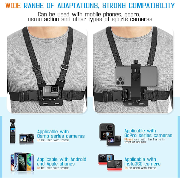 Mobiltelefon Brystrem Montering GoPro Brystsele Holder Black