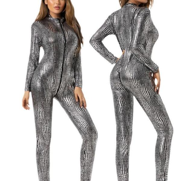 Sexig Python Skin Tight Jumpsuit för kvinnor silver M