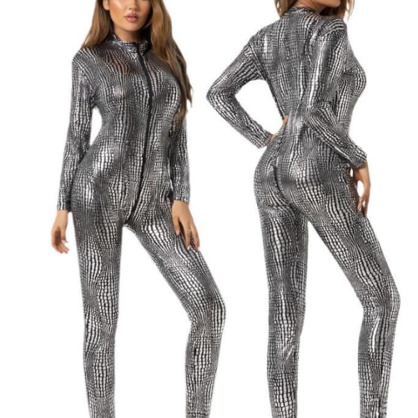 Sexig Python Skin Tight Jumpsuit för kvinnor silver XL