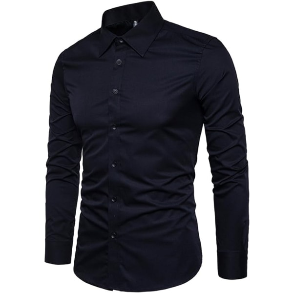 Mænds Slim Cotton Langærmet Knappet Skjorte Black L