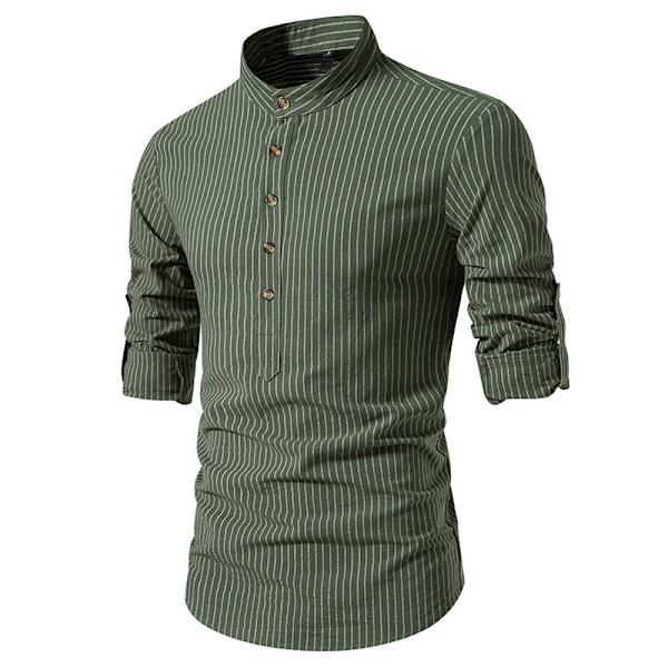 Hvit skjorte for menn med striper, stående krage og lange ermer Army Green M