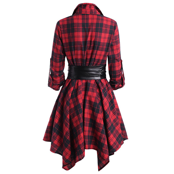 Kvinnors rutig klänning Button Down skjortor med bälte Red L