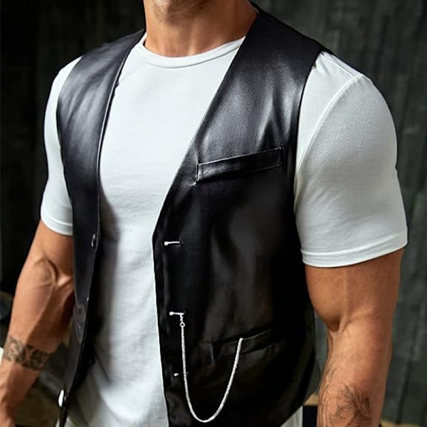 PU-läderväst för män, ärmlös motorcykelväst black 2XL