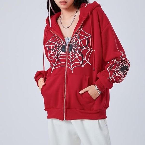 Dame Y2k Lynlås Spider Grafisk Hoodie Halloween Rhinestone Oversized Hoodies red M