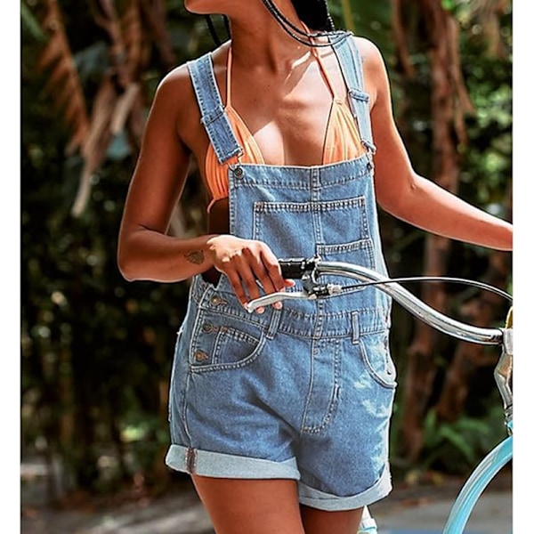 Dame Casual Denim Bib Overall Shorts Shortall Rompers Black L