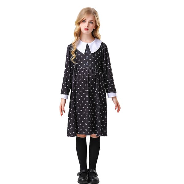 Flickor Svart Blommig Klänning Långärmad med Vit Krage Kostym Cosplay Outfit 120cm