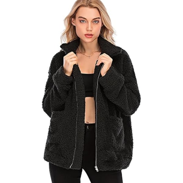 Dame Faux Fur Jakke Shaggy Jakke Vinter Fleece Frakke Black XL