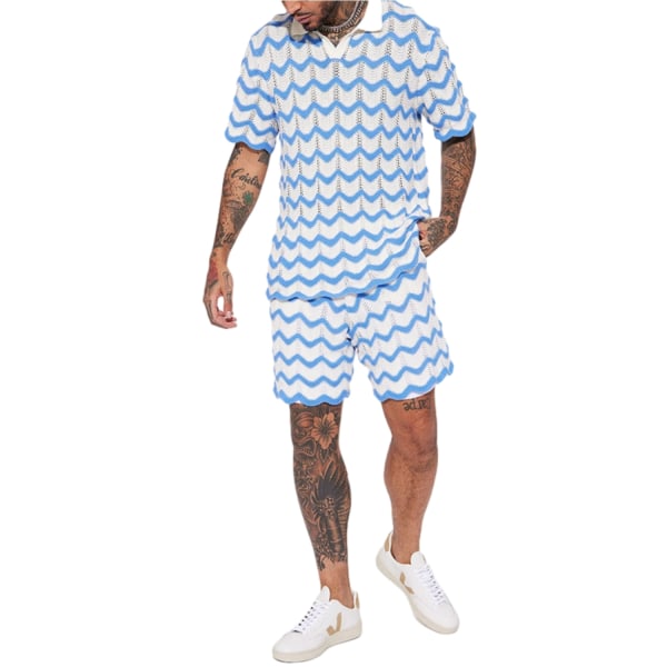 Männs Randig Kortärmad Ull Sportdräkt Blue M
