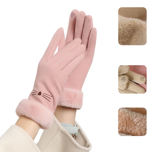 Dame Suede Handsker Søde Kat Fleeceforet Varme Handsker Pink
