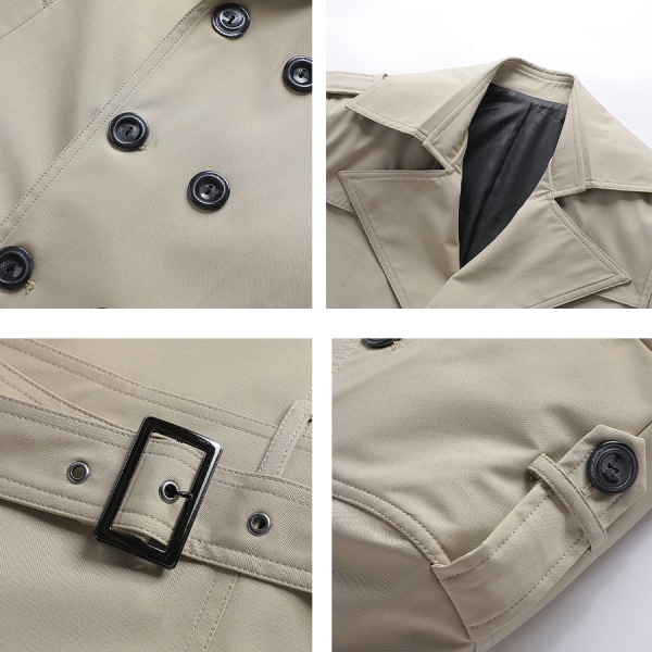 Mænds Slim Fit Dobbeltbrystet Bæltet Vindjakke Khaki XL