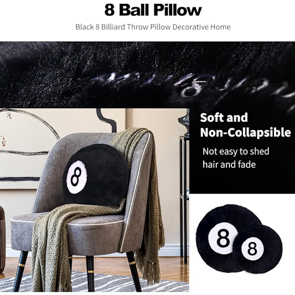 8 Ball Pude, 19.7\" Simuleret Sort Billard 8Ball Pude 35cm