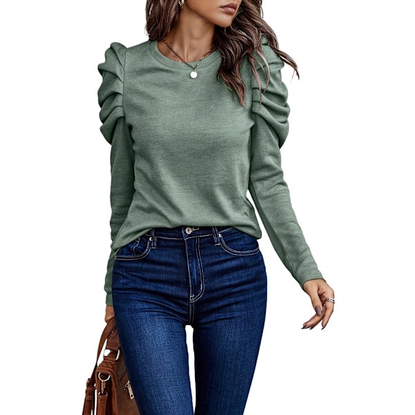 Kvinners Heldekkende Rundhals Puff Lang Erme Slim Fit Skjorte Topper Green M