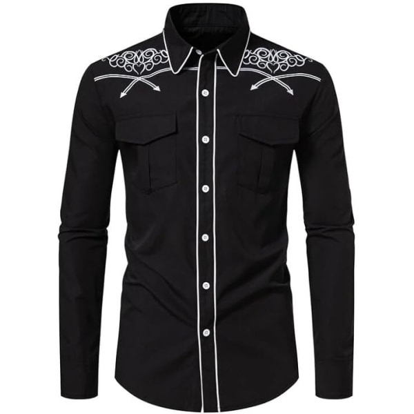 Herrar Western Cowboy Skjorta Mode Slank Passform Design Black 1 2XL