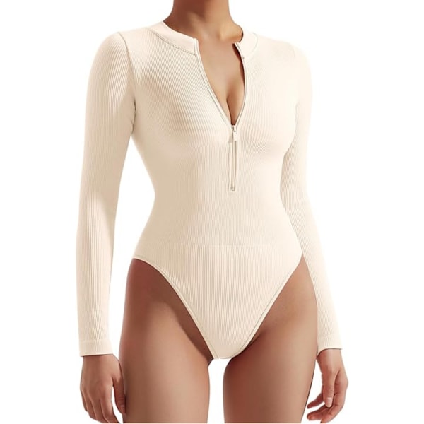 Naisten seksikäs kylkiluinen vetoketjullinen body Beige M