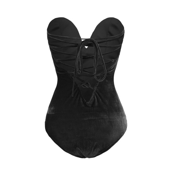 Kvinders V-hals Sexy Fløjls Strapless Bodysuit Jumpsuit Sød Hjerteformet Dyb Black L