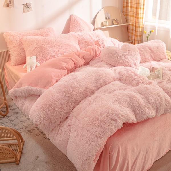 Ultra Mjuk Konstpäls 4-Delars Sängset för Queen Size, Plyschig och Fluffig Sängkläder pink 200*230cm