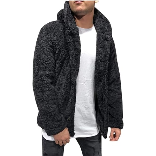 Herr Fuzzy Sherpa Jacka Hoodie Fluffy Fleece Öppen Front Cardigan Button Coat Black 2XL