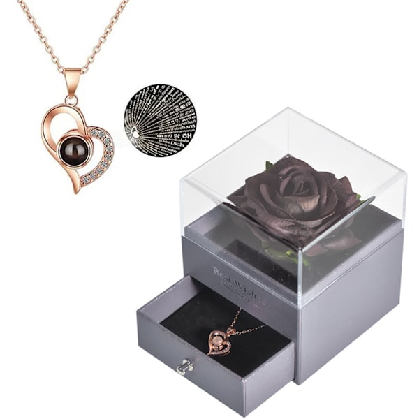 Bevarad äkta ros med I Love You-halsband på 100 språk Black