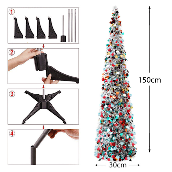 5FT Pop Up Juletræ i Glitrende Tinsel - Sammenklappelig og Farverig Colorful