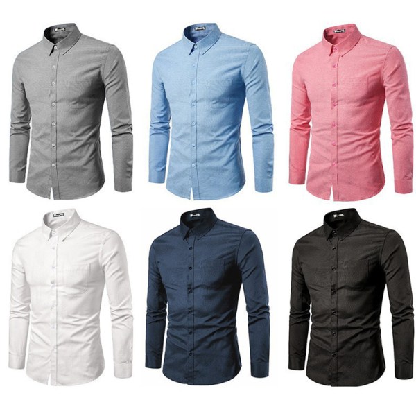 Casual skjorta för män Långärmad Button Down Oxford Textured Dress Shirts NAVY L