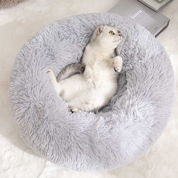 Mjuk plysch rund husdjurssäng för katter eller små hundar grey 40cm