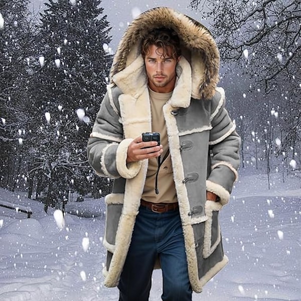 Herrar Pälsjackor med Huva Faux Suede Sherpa Fodrad Fårskinnjackor Grey 4XL