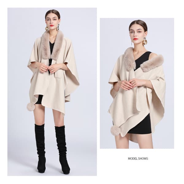 Faux Fur Trim Cardigan Kappe Sjal til Efterår Vinter Beige