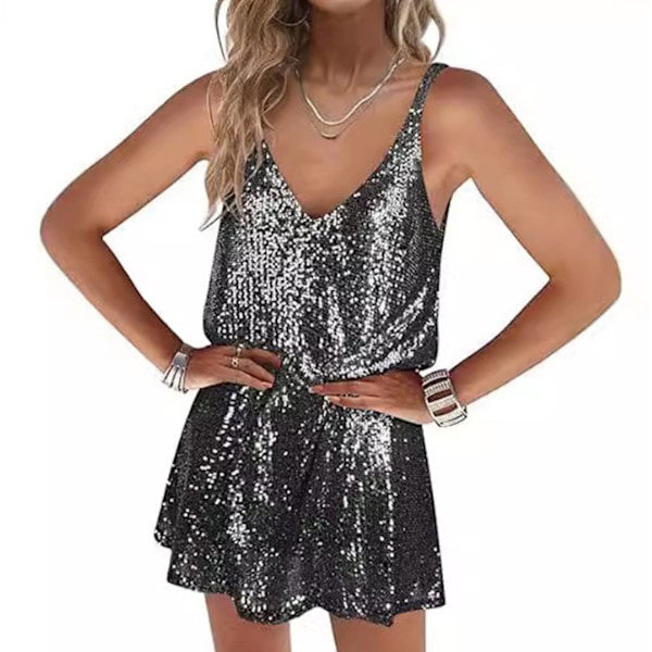 Dame Paljett Sexy V-hals Kjole Glitrende Glitter Ermeløs Kort Kjole grey 2XL