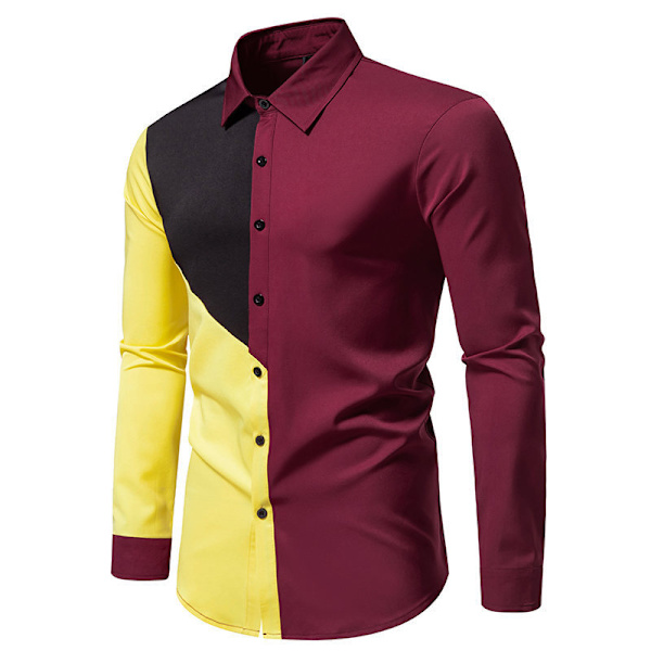 Mænds Lapel Business Skjorte med Farveblokke Red XL