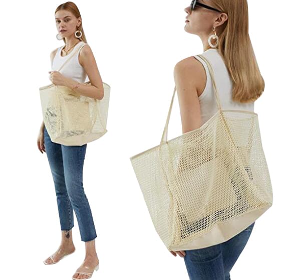 Mesh Beach Tote Damaxelhandväska beige