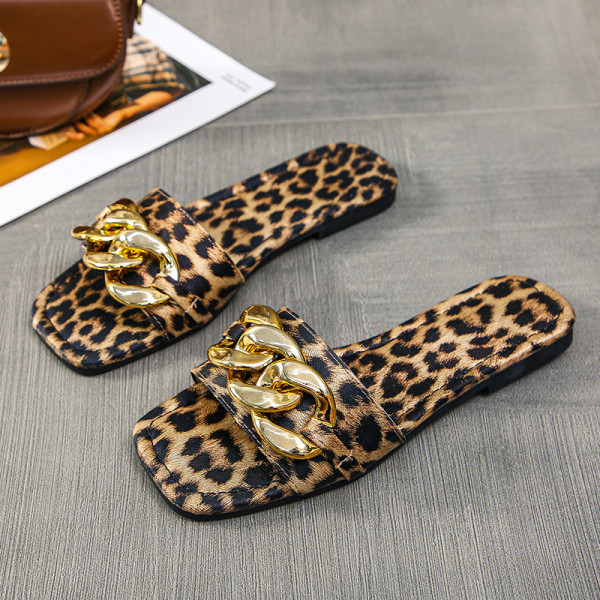 Kvinnor Open Square Toe metallkedja Leopard tofflor 38