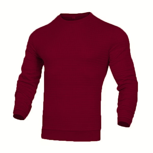 Herrar Waffle Pullover Tröja Rutiga Långärmad Rundhalsad Solid Tröja Burgundy S