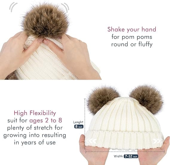 Varm vinterlue for barn med pompom-ører, elastisk strikket barnehue White