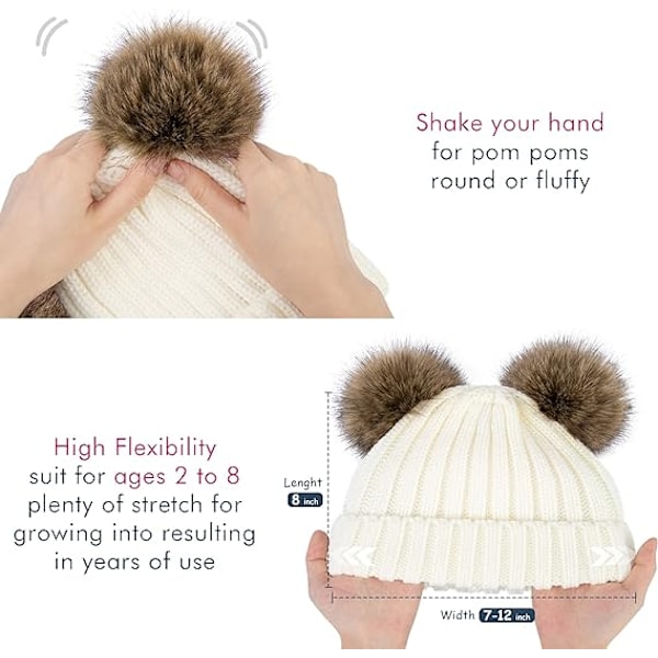 Varmt vintermössa för barn med pompomöron Elastisk stickad mössa för småbarn White