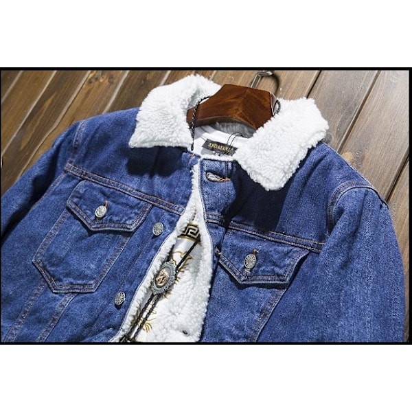 Mænds Lapel Sherpa Fleeceforet Tyk Denim Jean Trucker Jakke Frakker Dark Blue M