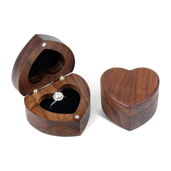 Trä Ring Box Hjärtformad sammet Mjuk Inredning Hållare Smycken Organizer Brown