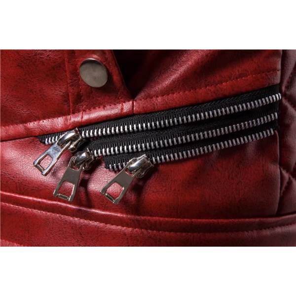 Jacka med dragkedja för män Avtagbar pälskrage, Vintage Steam Punk Retro Coat läder Red XL