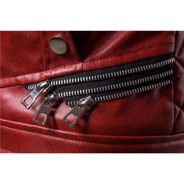 Miesten vetoketjullinen irrotettavan turkiskauluksen takki, nahka vintage steampunk retro takki Red M