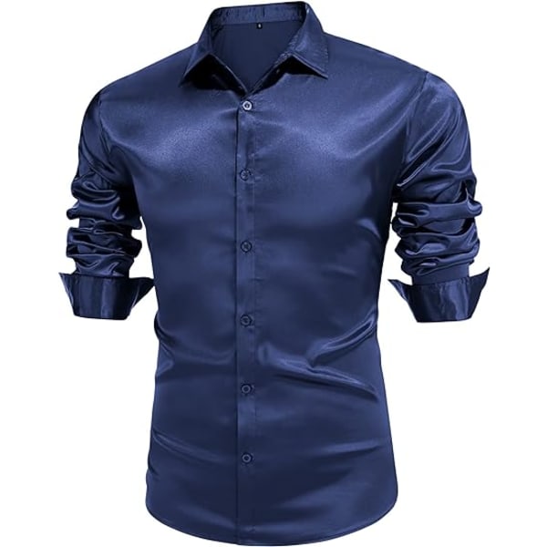 Långärmade klänningskjortor i sidensatin för män Glänsande Casual Button Down-skjorta Navy L