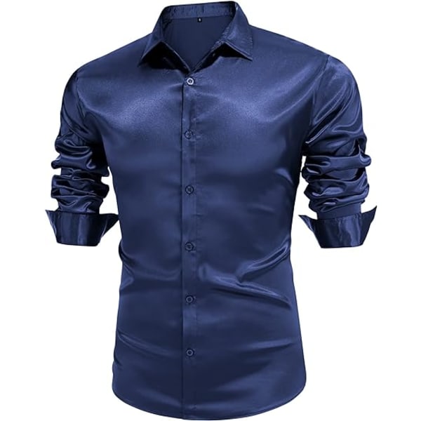 Långärmade klänningskjortor i sidensatin för män Glänsande Casual Button Down-skjorta Navy S