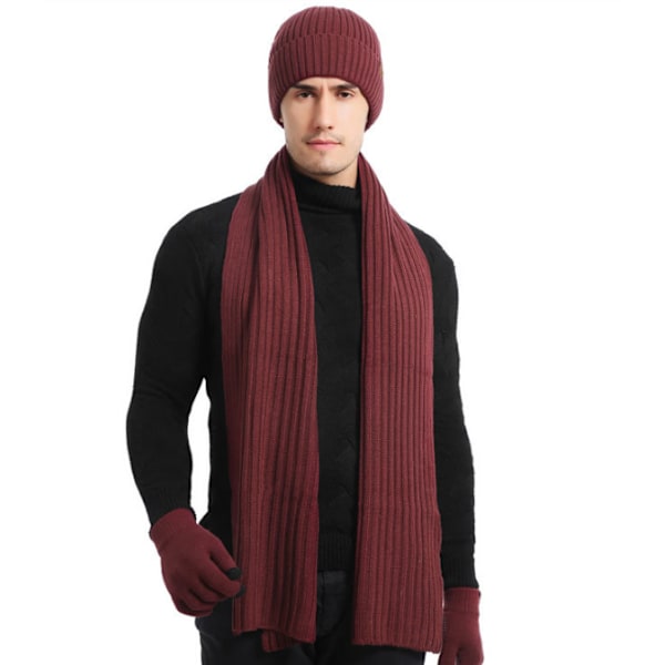 Talvitrikoohattu Beanie Pitkä Kaulaliina Kosketusnäyttöhanskat Sarja Deep Red
