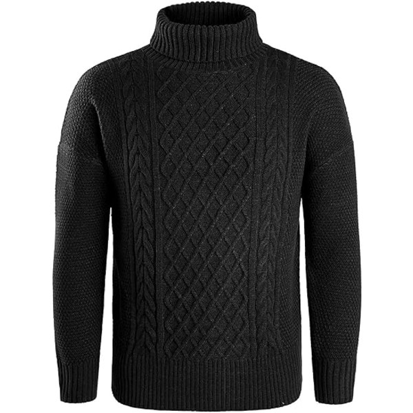 Mænds Højhalset Trøje Kabelstrikket Vintertrøjer Black XL