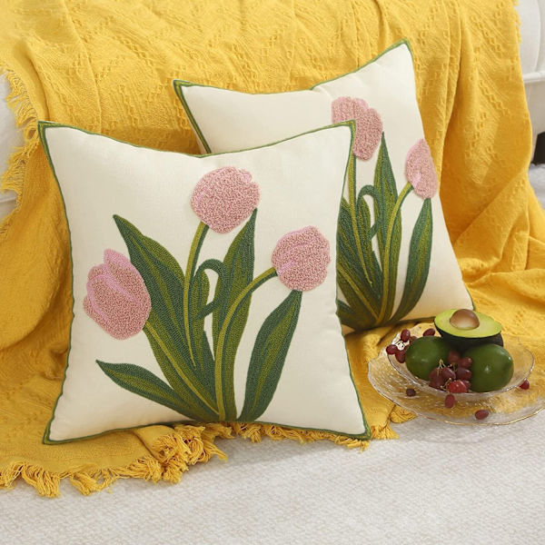 Tulip Flower Brodery Soffa Kudde Slängkudde Red Bean Flower