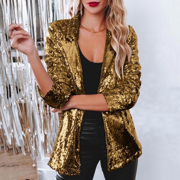 Kvinnor Paljettjacka Glitter Sparkle Öppen Front Casual Långärmad Blazer Coat Gold M