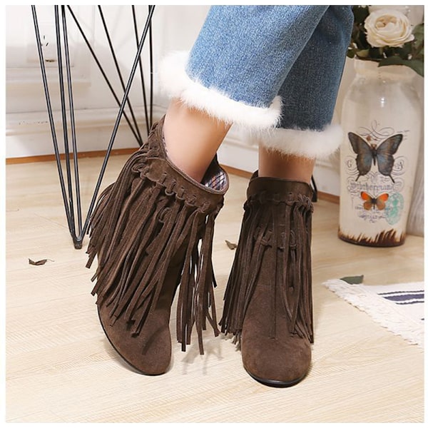 Cowboy Cowgirl Støvler med Frynser til Kvinder, Spids Snude, Slip-on, Western Ankelstøvletter Dark Brown 35