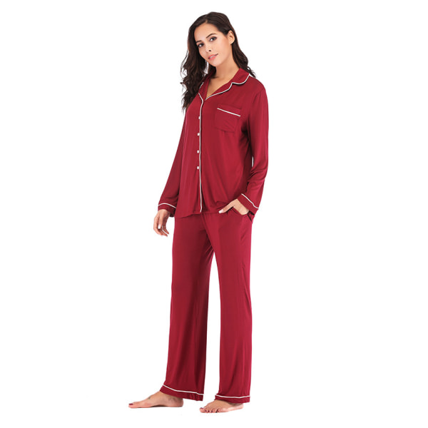 Pyjamas Set för Kvinnor, Långärmad, Knappar, Nattkläder, Bomull, Pj-Set Red XL