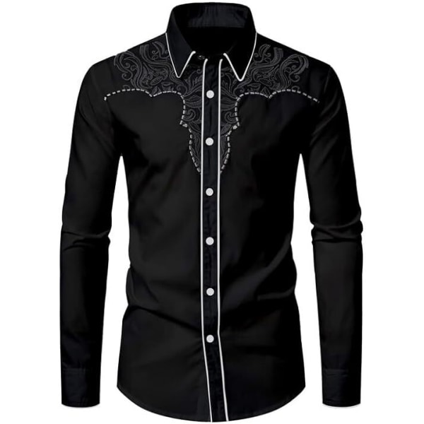 Herrar Western Cowboy Skjorta Mode Slank Passform Design Black 3 S