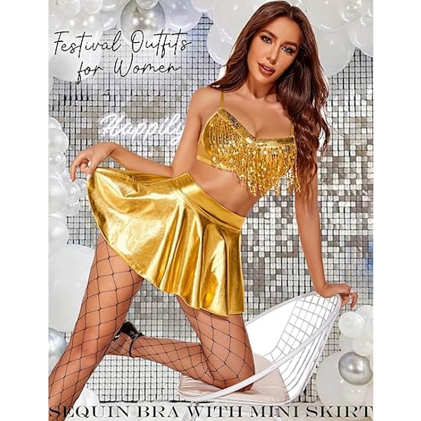 Rave-Outfit til Kvinder med Pailletter og Frynser Gold M