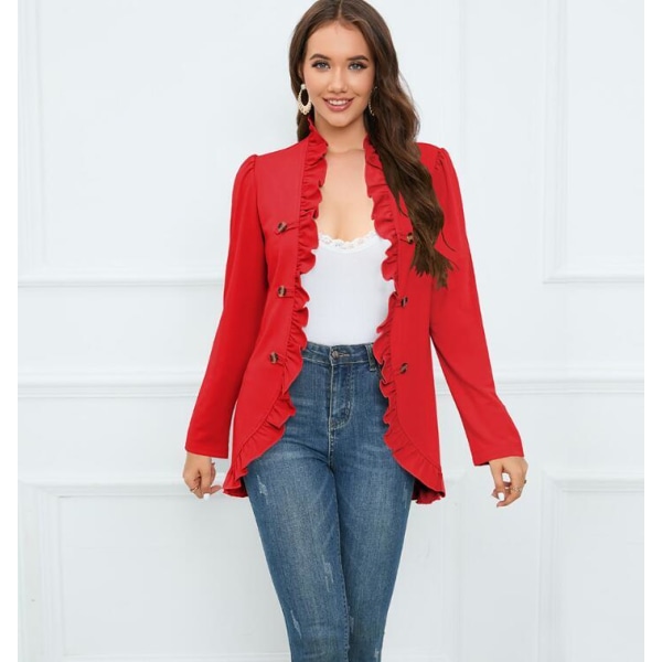 Kvinners Ruffled Lapel Knappelukking Jakke Red M
